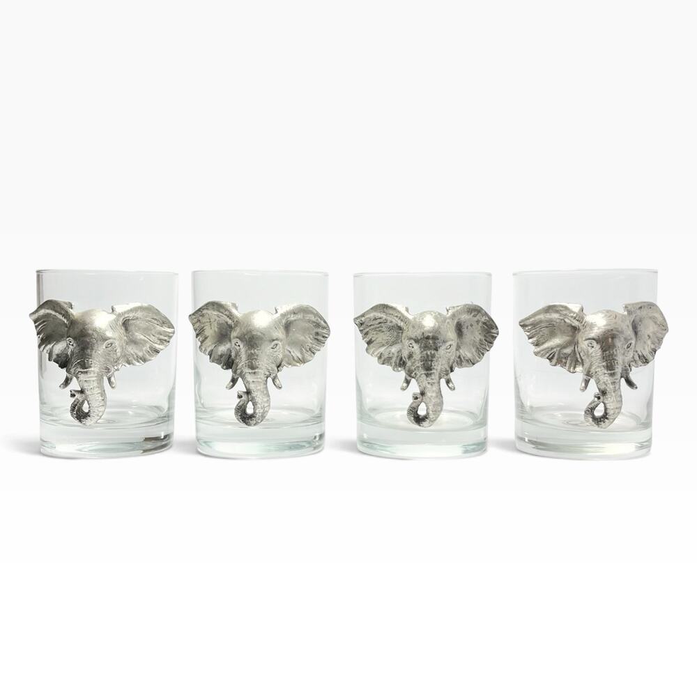 Arthur Court “Safari” 4 Elephant Double Old Fashioned Tumbler Glasses 4” 14oz